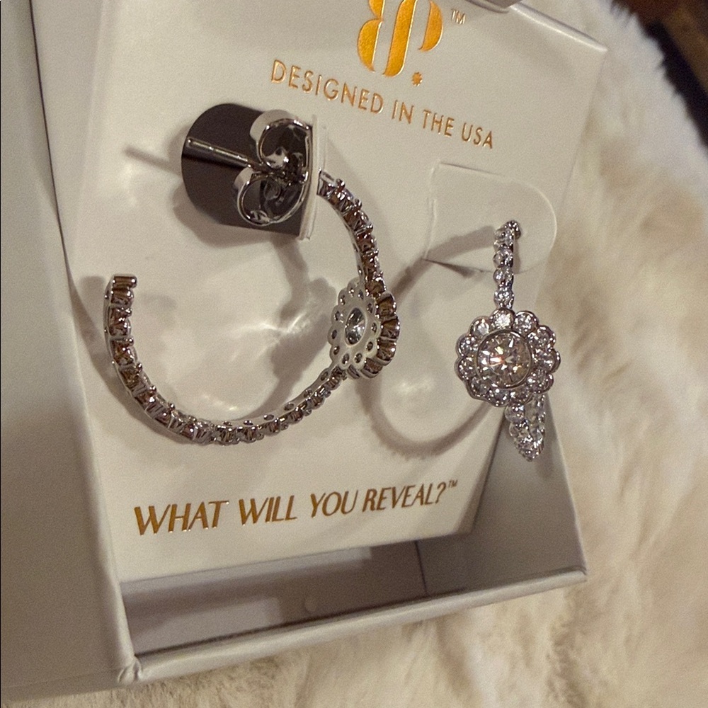Silver Crystal Hoop and Floral Drop Earrings - Designed in the USA